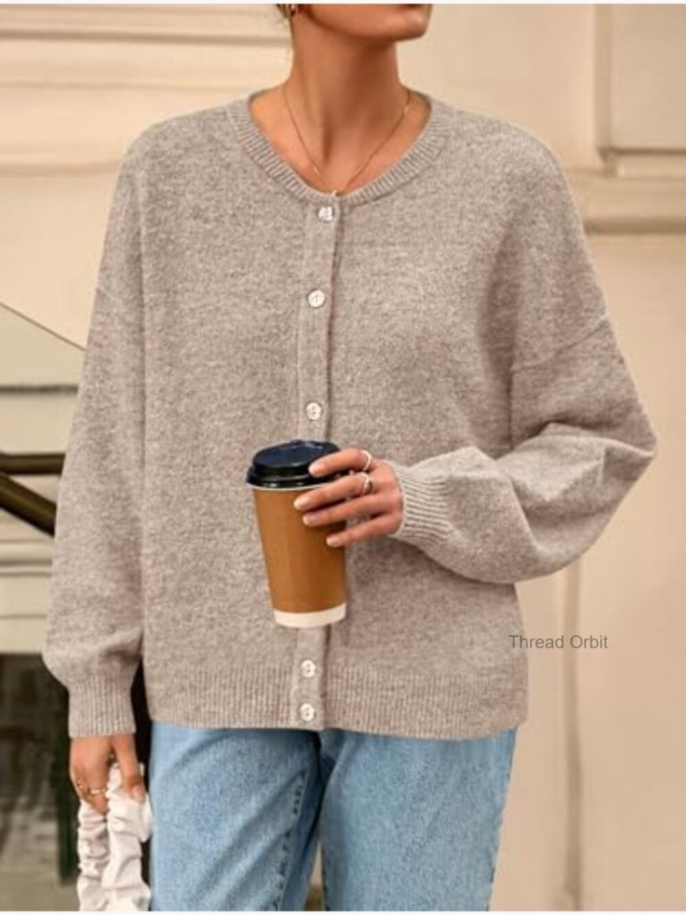 Lightweight Loose Fit Cardigan Crewneck Button Down Long Sleeve Sweater - Picture 5 of 7